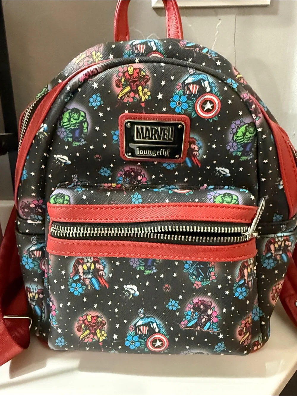 Loungefly Marvel Kids Mini Backpack in Black & Red with Multicolor Print